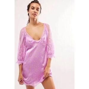 Free People Women's Polka Dot About That Lace Satin Mini Dress Sz S Purple NWOT